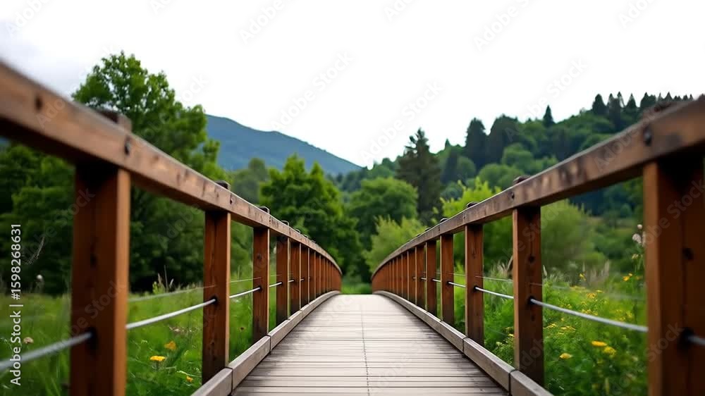Wooden bridge through lush landscape Wooden bridge through lush landscape