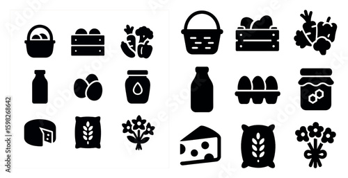 Grocery and market solid icons set – filled, food, shopping symbols