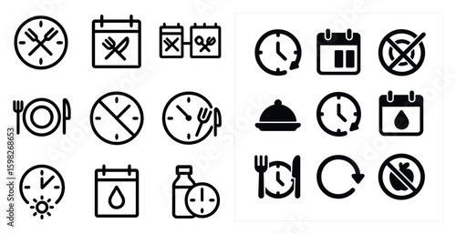 Dining schedule outline icons set – flat, silhouette, meal planning symbols