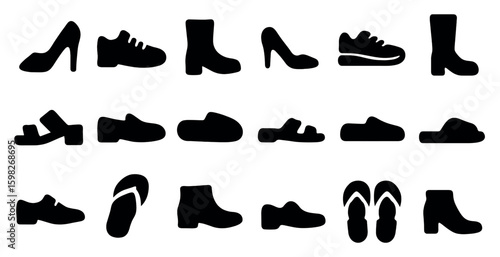 Footwear silhouette icons set – solid, filled, shoes and sandal illustrations