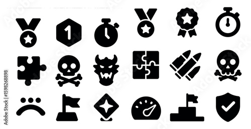Awards and challenges solid icons set – filled, victory, achievement symbols