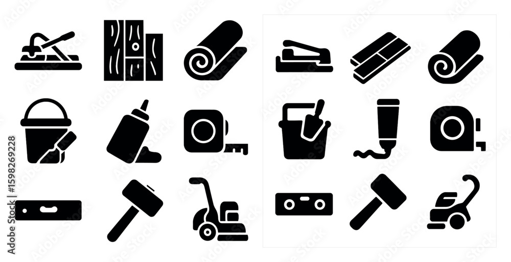 Fototapeta premium Flooring tools solid icons set – flat, construction, diy repair symbols