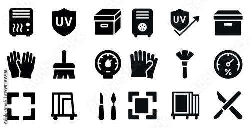 Home and safety solid icons set – filled, household essentials and protection symbols