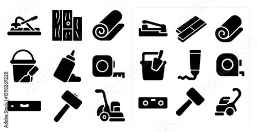 Flooring tools solid icons set – flat, construction, diy repair symbols