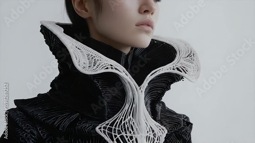 Intricate white 3D-printed collar adorns a black garment, creating a futuristic, elegant look