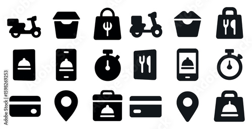 Food delivery silhouette icons set – solid, filled, meal ordering symbols