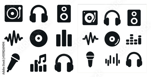 Music and audio filled icons set – solid, sound, entertainment elements