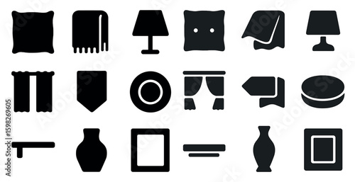 Home decor solid icons set – silhouette, filled, interior and design elements