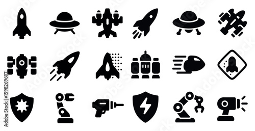 Space exploration silhouette icons set – solid, filled, technology and science symbols