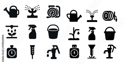 Gardening and landscaping solid icons set – flat, filled, horticulture tools graphics