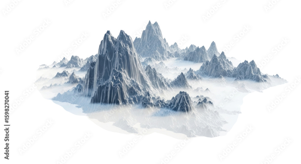 Fototapeta premium Mountain range with rocky cliffs and clouds in a serene landscape setting, transparent background, cutout PNG