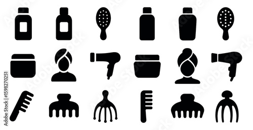 Hair care and beauty icons set in solid style – grooming, salon, wellness symbols