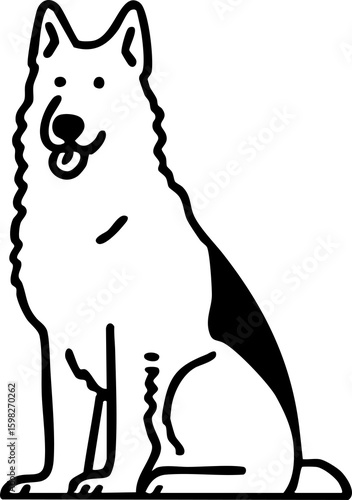 German Shepherd dog cartoon doodle illustration | Minimalist style, sitting pose, friendly expression, isolated on white | Pet branding, veterinary services, canine lovers, graphic design.