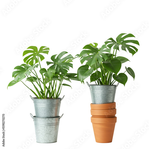 Two Potted Monstera Plants Isolated on Transparent Background