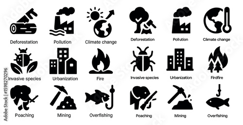 Environmental awareness icons set – silhouette, solid, ecology and sustainability symbols