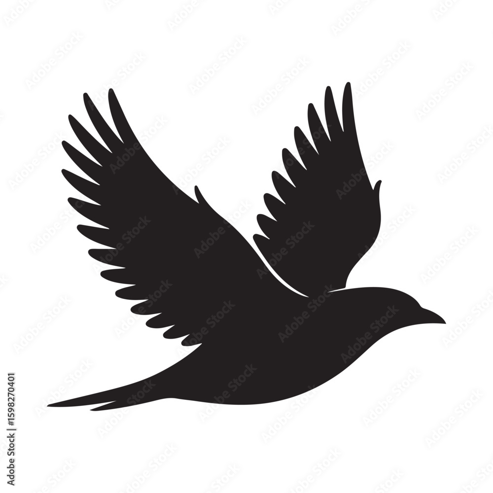 Obraz premium Elegant Black Bird Silhouette Flying with Open Wings on White Background