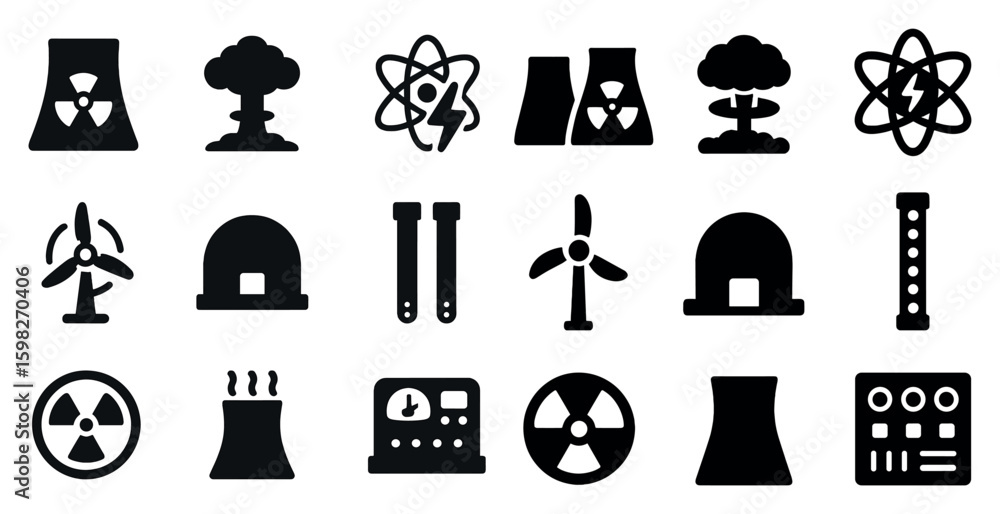 Nuclear energy solid icons set – power, reactor, radiation symbols Nuclear energy solid icons set – power, reactor, radiation symbols