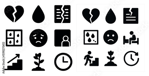 Sadness and heartbreak icons set – solid, silhouette, emotional and mood symbols
