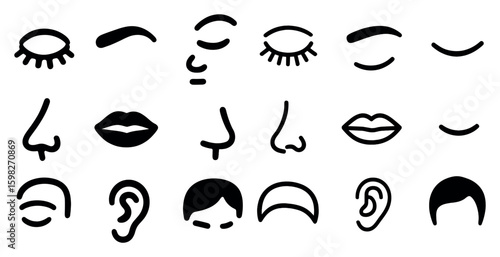 Facial features outline icons set – line, silhouette, face and expression symbols