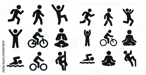 Fitness and exercise silhouette icons set – solid, filled, workout and activity symbols