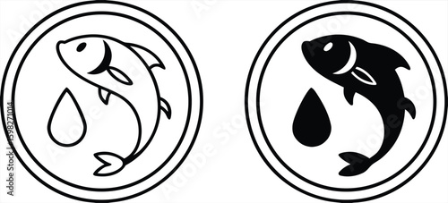 Icons of Omega 3 Fatty Acids. Black and White Vector Icons. Sea Fish and Drop of Oil. Label for Packaging of Medicines and Food Products