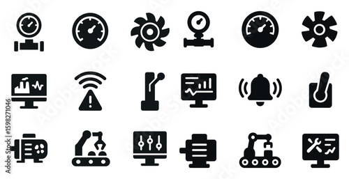 Industrial technology icons set – solid, filled, machinery and automation symbols