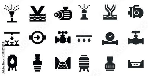 Irrigation and water management solid icons set – filled, outline, agriculture symbols