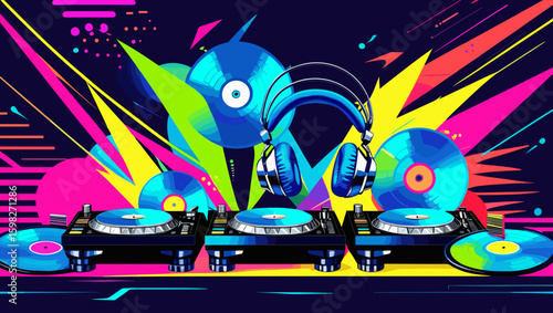 Dynamic DJ setup illustration, vibrant colors, vinyl records, colorful headphones, energetic atmosphere