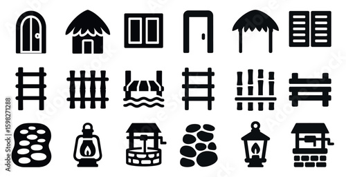 Home and garden solid icons set – filled, outline, residential and outdoor symbols