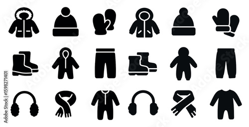 Winter clothing solid icons set – filled, flat, cold weather apparel and gear symbols