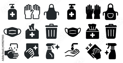 Hygiene and protection icons set – solid, filled, cleanliness and safety symbols