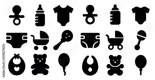 Baby essentials solid icons set – filled, silhouette, newborn and infant symbols