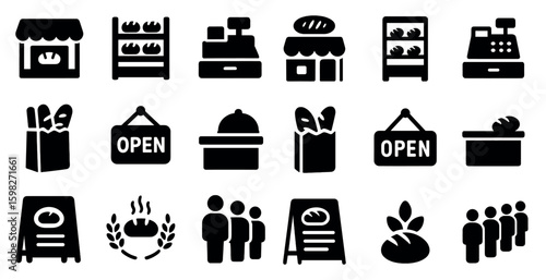 Bakery and cafe solid icons set – filled, silhouette, pastry and bread graphics