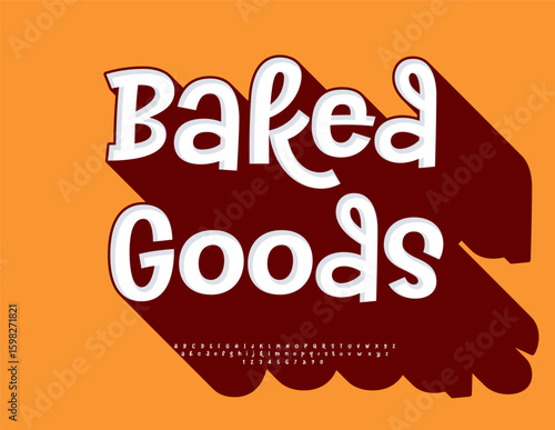 Vector Promo sticker Baked Goods. Bright White Font with big Brown Shadow. Artistic Alphabet Letters and Numbers set