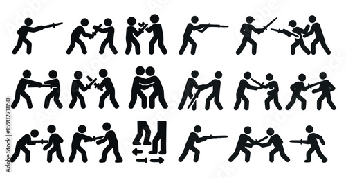 Self-defense silhouette icons set – combat, martial arts, security symbols