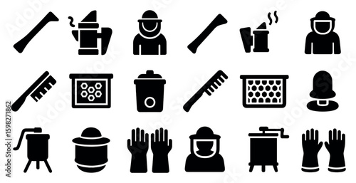 Beekeeping solid icons set – hive, honey, silhouette and apiary symbols