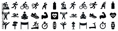 Fitness and exercise silhouette icons set – solid, filled, gym and workout symbols