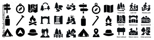 Outdoor adventure solid icons set – camping, hiking, nature trail symbols