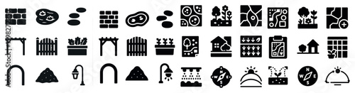 Gardening and landscaping solid icons set – filled, silhouette, botanical design symbols