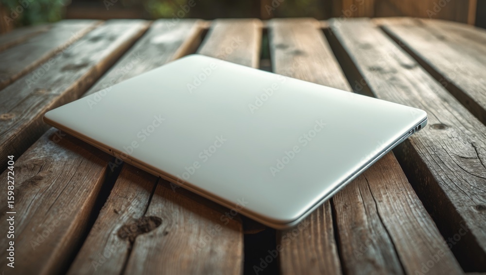 Fototapeta premium A closed laptop on wooden surface.