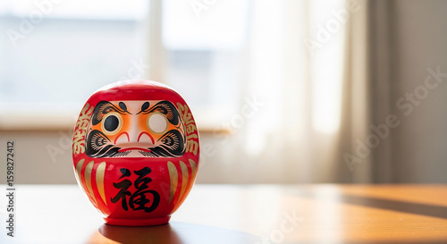 Traditional Japanese Daruma doll for good luck and fortune, a classic symbol of perseverance and success, on a wooden table.
