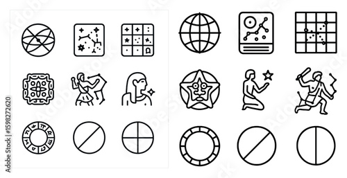 Astrology and zodiac outline icons set – linear, horoscope, stargazing symbols
