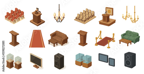 Conference and event isometric icons set – 3d, meeting, presentation elements