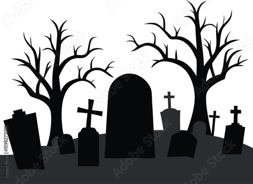 A desolate graveyard scene with tombstones stretching across the foreground creating a spooky and atmospheric vector design illustration