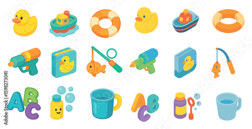 Duck icon set – isometric, playful, bath and alphabet themed symbols