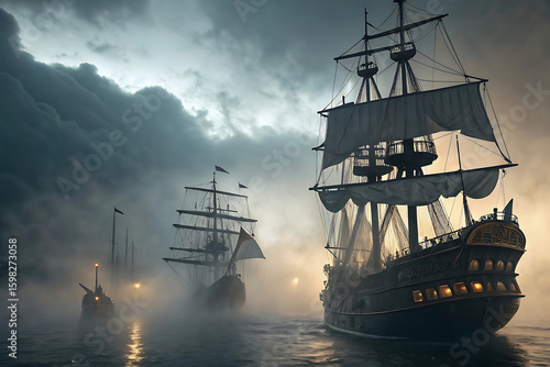 Epic Dark Seascape with Sailing Ships – Cinematic Maritime Adventure in Misty Ocean

