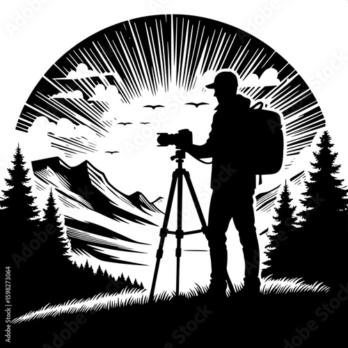 Black and White Vector Silhouette of a Man Taking a Photo with DSLR