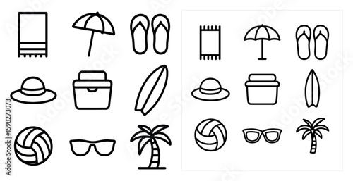 Beach and summer linear icons set – outline, vacation, tropical elements for travel