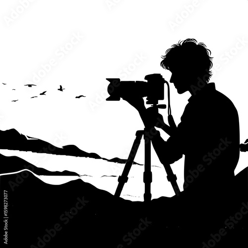 Black and White Vector Silhouette of a Man Taking a Photo with DSLR