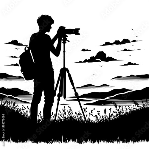 Black and White Vector Silhouette of a Man Taking a Photo with DSLR